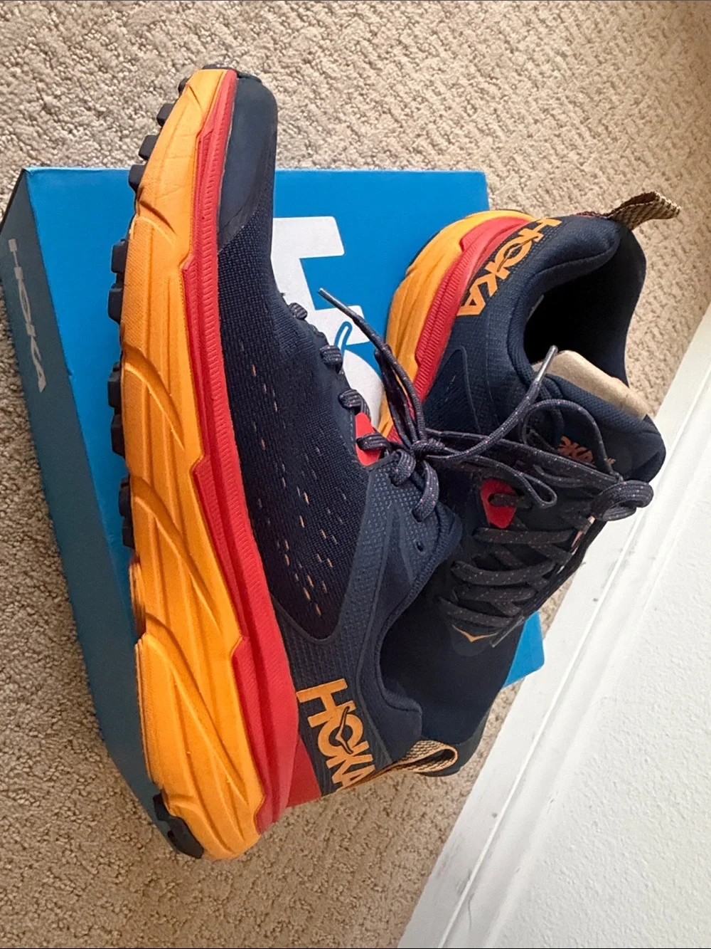 Hoka Challenger ATR 6 Navy Road/Trail Shoes with Red & Gold Accents - Like New